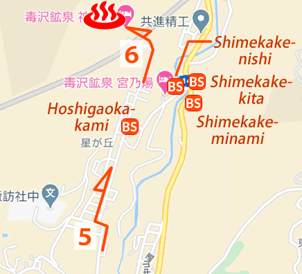 Map and bus stop of Dokusawa-kosen Kaminoyu in Nagano Prefecture