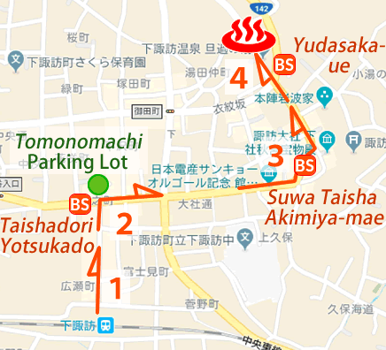 Map and bus stop of Shimosuwa Onsen Tanganoyu in Nagano Prefecture