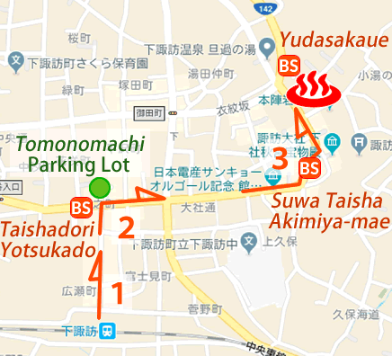 Map and bus stop of Shimosuwa Onsen Yusen House Koyu in Nagano Prefecture