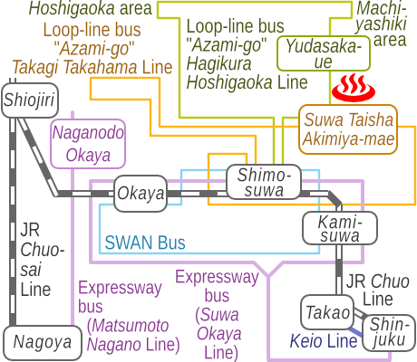 Train and bus route map of Shimosuwa Onsen Yusen House Koyu, Nagano Prefecture