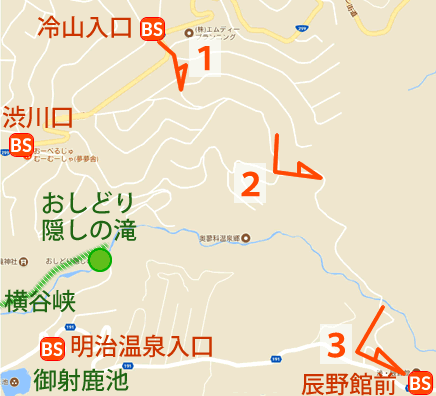 Map and bus stop of Oku-tateshina Onsen Shibu Gotenyu in Nagano Prefecture, Japan