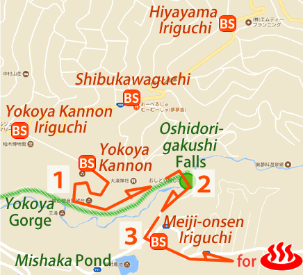 Map and bus stop of Oku-tateshina Onsen Shibu Gotenyu in Nagano Prefecture, Japan