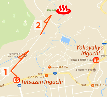 Map and bus stop of Tateshina Onsen Ishiyasunoyu in Nagano Prefecture