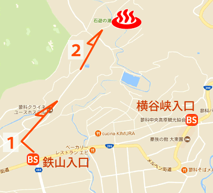 長野県茅野蓼科温泉石遊の湯の地図とバス停
