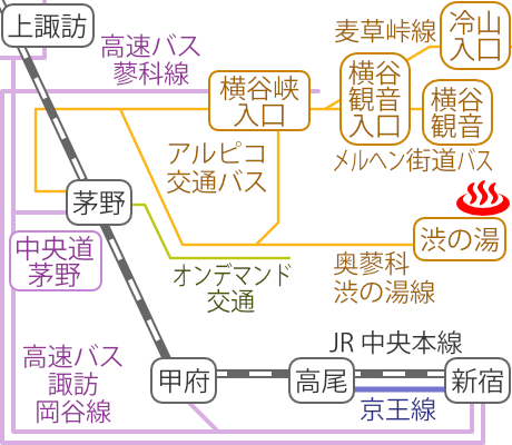 Train and bus route map of Oku-tateshina Onsen Shibu Gotenyu, Nagano Prefecture, Japan