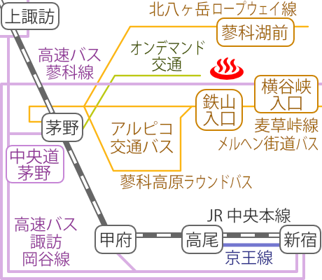 長野県茅野蓼科温泉石遊の湯の電車バス路線図