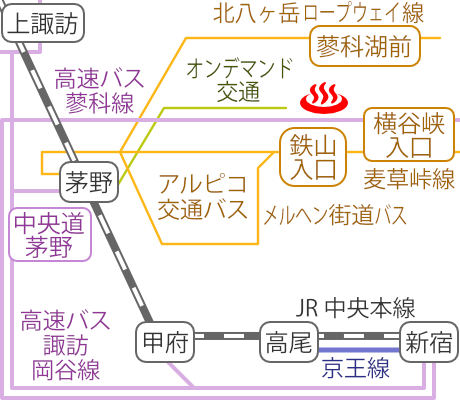 Train and bus route map of Tateshina Onsen Ishiyasunoyu, Nagano Prefecture, Japan