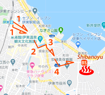 Map and bus stop of Ito Onsen Bishamonten Shibanoyu in Shizuoka Prefecture