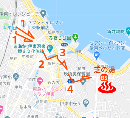 Map and bus stop of Ito Onsen Bishamonten Shibanoyu in Shizuoka Prefecture