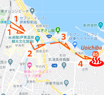 Map and bus stop of Ito Onsen Ebisu Arainoyu in Shizuoka Prefecture