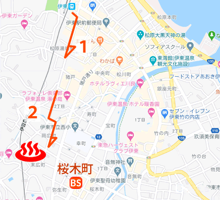 Map and bus stop of Ito Onsen Ogawa Hoteinoyu in Shizuoka Prefecture