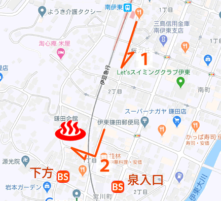 静岡県伊東温泉鎌田福禄寿の湯の地図とバス停