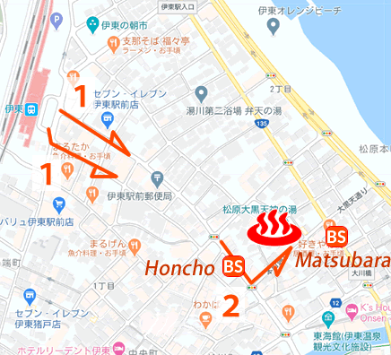 Map and bus stop of Ito Onsen Matsubara Daikokutenjinnoyu in Shizuoka Prefecture, Japan