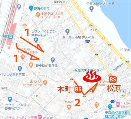静岡県伊東温泉松原大黒天神の湯の地図とバス停