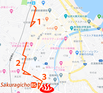 Map and bus stop of Ito Onsen Oka Hoteinoyu in Shizuoka Prefecture