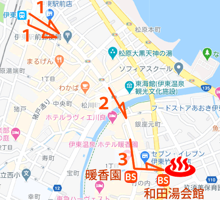 静岡県伊東温泉和田寿老人の湯の地図とバス停