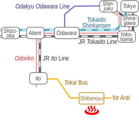 Train and bus route map of Ito Onsen Bishamonten Shibanoyu, Shizuoka Prefecture