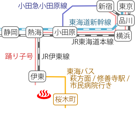 Train and bus route map of Ito Onsen Ogawa Hoteinoyu, Shizuoka Prefecture