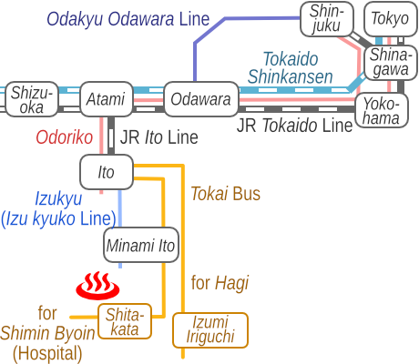 静岡県伊東温泉鎌田福禄寿の湯の電車バス路線図