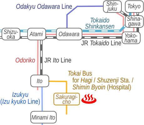 Train and bus route map of Ito Onsen Oka Hoteinoyu, Shizuoka Prefecture