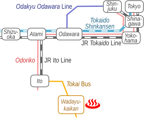 Train and bus route map of Ito Onsen Wada Jurojinnoyu, Shizuoka Prefecture