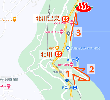 静岡県北川温泉黒根岩風呂の地図とバス停