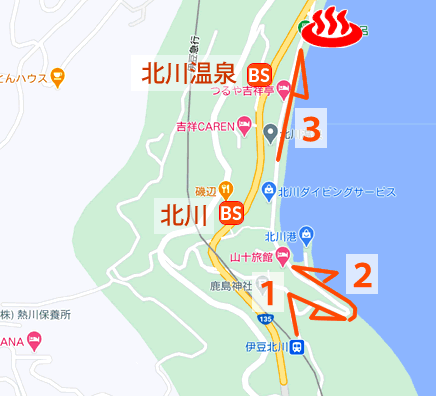 Map and bus stop of Hokkawa Onsen Kuroneiwaburo in Shizuoka Prefecture