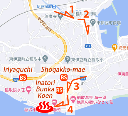 Map and bus stop of Inatori Onsen Senoumi in Shizuoka Prefecture