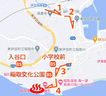 静岡県稲取温泉石花海の地図とバス停