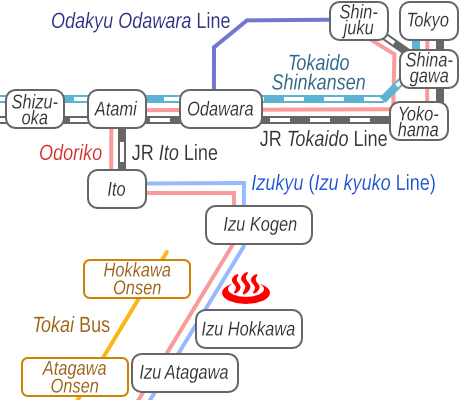 静岡県北川温泉黒根岩風呂の電車バス路線図