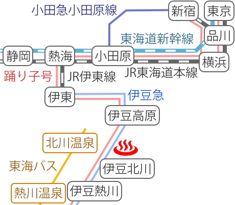 Train and bus route map of Kuroneiwaburo, Hokkawa Onsen, Shizuoka Prefecture