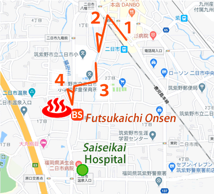 Map and bus stop of Futsukaichi Onsen Hakatayu in Fukuoka Prefecture