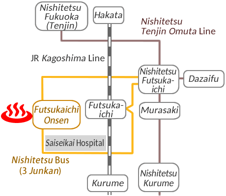 福岡県二日市温泉博多湯の電車バス路線図